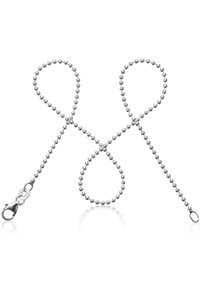 Silberne Kugelkette mit miteinander verbundenen Schlaufen und einem Karabinerhaken. Glatte Textur mit gleichmäßig verteilten Perlen. Robuste und flexible Konstruktion.