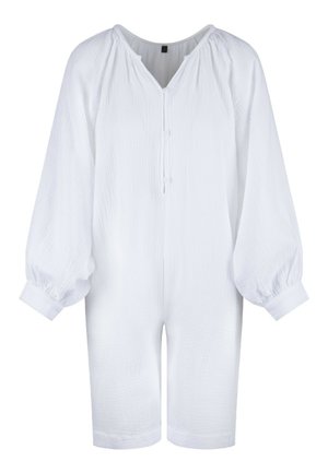 Un romper bianco leggero con scollatura a V, chiusura frontale con bottoni, scollatura arricciata e maniche a sbuffo elasticizzate. La texture è stropicciata e morbida.