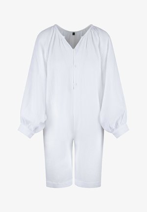 Hvid letvægts romper med V-hals, knappet front, samlet halsudskæring og elastiske pufærmer. Teksturen er krøllet og blød.