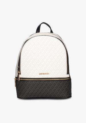 Backpack with top handle, white patterned upper, black patterned lower section, gold zipper, and "pierre cardin" logo on front.