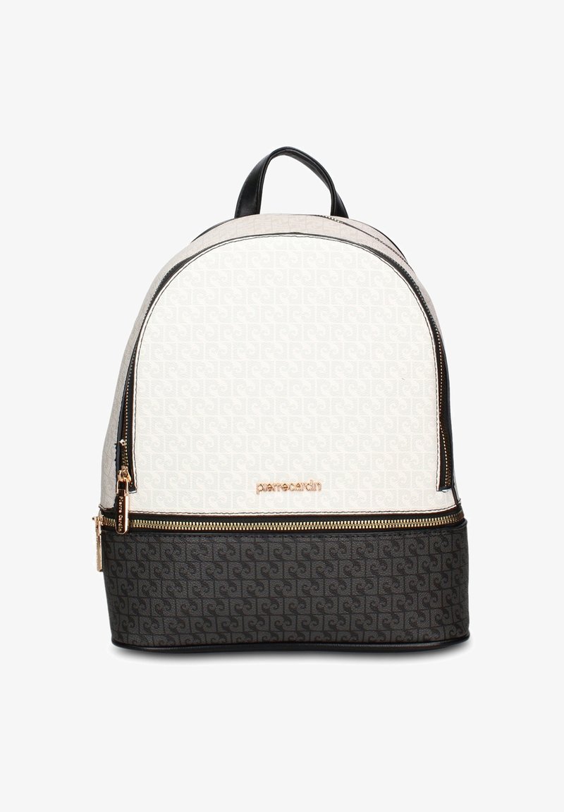 Sac à dos avec poignée supérieure, partie supérieure blanche à motif, partie inférieure noire à motif, fermeture éclair dorée et logo "pierre cardin" à l'avant.