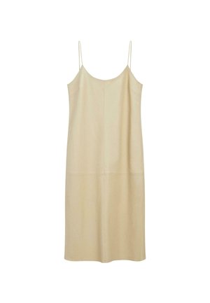 Robe midi beige sans manches avec fines bretelles spaghetti et un subtil détail de couture à la taille, présentée sur fond blanc.