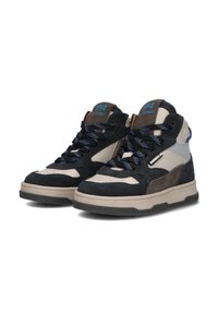 Hoge sneakers van navy suede met grijze accenten. Heeft blauwe veters, textuurpanelen en een gevoerde beige zool.
