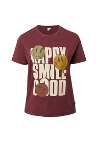 Bordowa koszulka bawełniana z dużym graficznym nadrukiem kolorowych uśmiechniętych buziek oraz napisem "HAPPY SMILE GOOD" w pogrubionych białych literach.