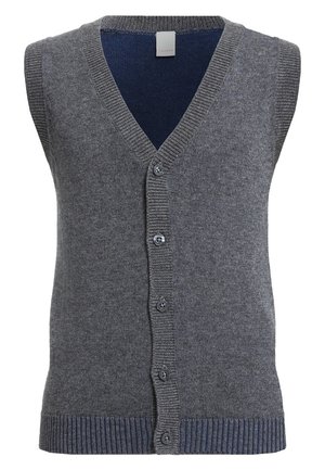 Gilet sans manches pour homme, en maille grise, avec boutons, col en V et bordures côtelées aux emmanchures et à l'ourlet.
