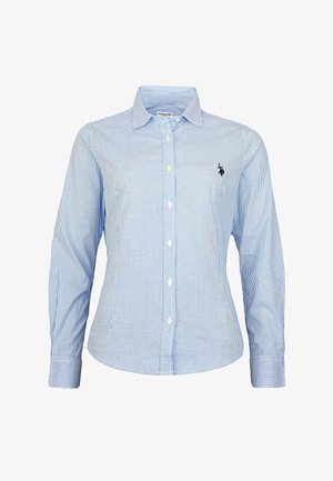 Blau-weiße gestreifte Hemdbluse mit langen Ärmeln, einem spitzen Kragen und einem kleinen gestickten Logo auf der linken Brust. Hersteller aus Baumwoll-Mischgewebe.