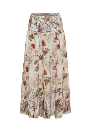 Lang, flydende nederdel med lagdelte lag med beige baggrund og botanisk print af tørrede blomster og frøkapsler i jordfarver.