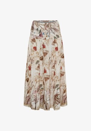 Lang, flydende nederdel med lagdelte lag med beige baggrund og botanisk print af tørrede blomster og frøkapsler i jordfarver.