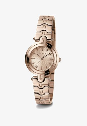 Orologio da polso in oro rosa con quadrante rotondo e quadrante decorato. Presenta un design a bracciale intrecciato e dettagli del logo sottili sulla cinghia.