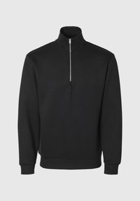 Zwarte zip-up sweatshirt met een hoge kraag, geribde mouwuiteinden en een soepele textuur met een rits van een kwart lengte. Minimalistisch ontwerp.