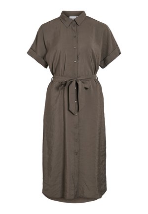 Ruskea lyhythihainen paitamekko käännetyin kalvosin, napillinen edusta, terävä kaulus ja vyötärön solmittava vyö, polvipituus, hieman kiiltävää kangasta.