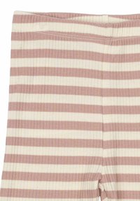 Ribbade stickade shorts i grädde och ljus mauve-ränder. Elastisk midjeband med en slät textur. Tygets mönster har alternerande ränder.