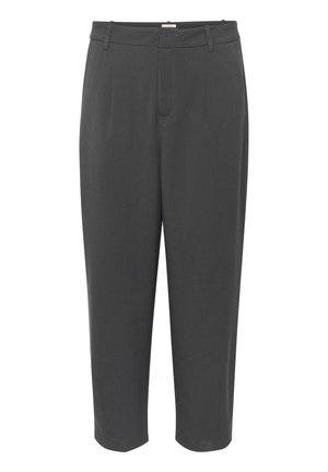 Pantalons gris sur mesure avec une texture lisse, plis à l'avant et coupe droite, dotés d'une taille classique et sans poches visibles.