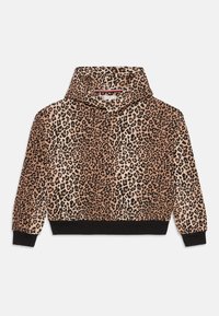 Leopardmønstret cropped hoodie med høj krave, blødt stof og sorte ribbede manchetter. Har små logofarver gennem hele mønsteret.