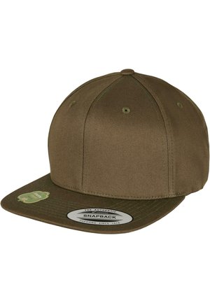 Olive green cotton snapback cap with a flat brim, textured fabric, embroidered eyelets, and a circular logo patch on the side.