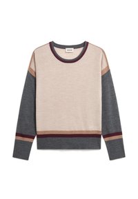 Pullover-Sweater aus weichem Stoff, mit einem cremefarbenen Körper und grauen, braunen sowie burgunderfarbenen Akzenten an den Ärmeln und dem Saum. Runder Ausschnitt.