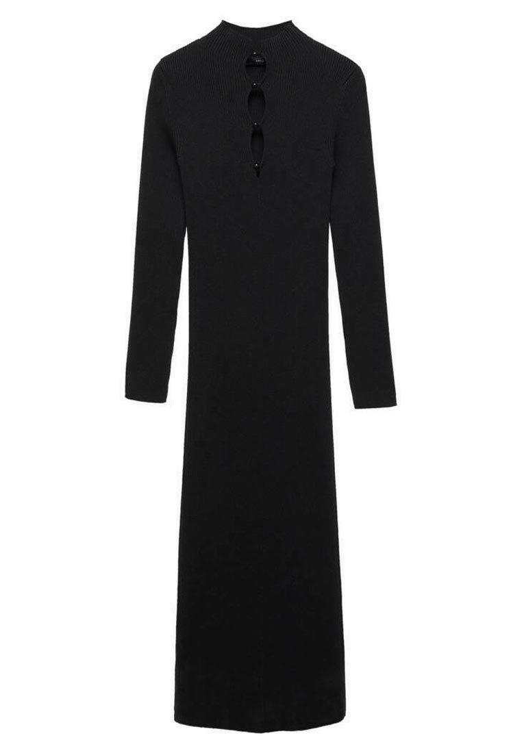 Abito maxi a maniche lunghe in maglia a coste nera con collo alto e tre piccole aperture con bottoni nella parte superiore della schiena.