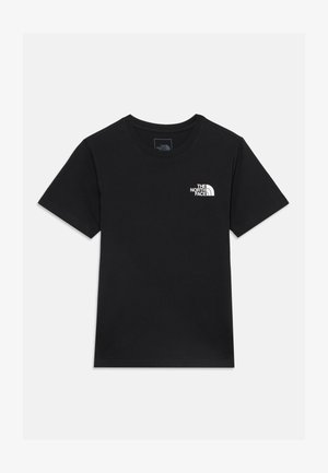 T-shirt noir à manches courtes et col rond avec un petit logo blanc The North Face sur la poitrine gauche.
