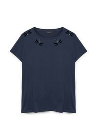 Námořnická modrá tričko vyrobené z měkké bavlny, s kulatým výstřihem a krátkými rukávy, ozdobené černými aplikacemi vážek a perlami.