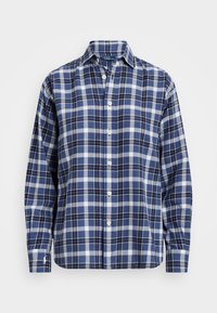 Herrskjorta med knappar i blå rutigt mönster, som har vita och marinblå rutor, lång ärm och en klassisk krage. Tillverkad av andningsbart tyg.