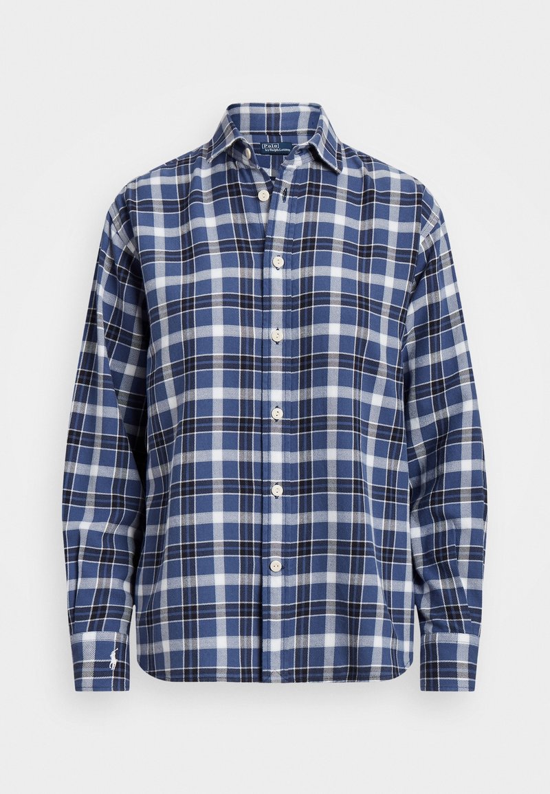 Herrskjorta med knappar i blå rutigt mönster, som har vita och marinblå rutor, lång ärm och en klassisk krage. Tillverkad av andningsbart tyg.