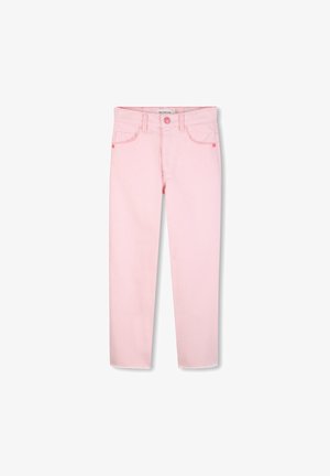 Pantaloni din denim roz deschis, cu croială mulată, cinci buzunare și închidere cu nasture. Prezintă cusături vizibile și tiv îngrijit.