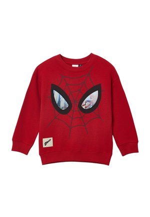 Sweat-shirt rouge à manches longues pour enfants avec une toile d'araignée noire et de grandes formes d'yeux de Spider-Man reflétant des images de la ville et de Spider-Man.