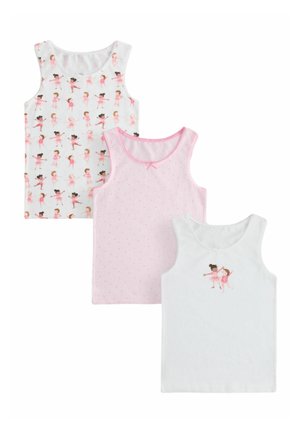 Tre ærmeløse pigetoppe; én hvid med flere ballerina-prints, én lyserød med små prikker, og én hvid med to ballerinafigurer.