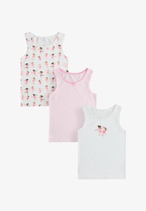 Tre ærmeløse pigetoppe; én hvid med flere ballerina-prints, én lyserød med små prikker, og én hvid med to ballerinafigurer.