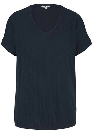 Dunkelblaues V-Ausschnitt-T-Shirt mit kurzen, aufgerollten Ärmeln, das ein strukturiertes Rippendesign und eine lockere Passform aufweist.