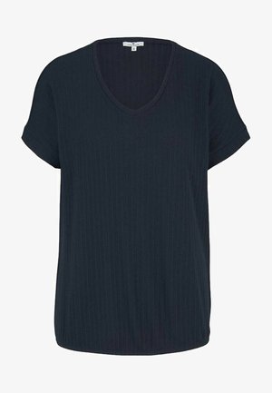 T-shirt bleu marine foncé à col en V avec des manches courtes retroussées, présentant un motif texturé en côtes et une coupe ample.