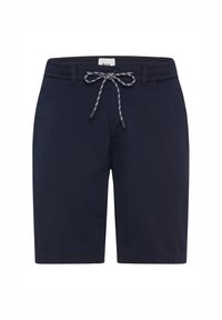 Pantaloni corti da uomo blu navy in tessuto leggero, con vita regolabile tramite cordino, dettagli a righe e tasche laterali.