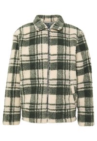 Grön och krämrutigt fleecejacka med dragkedja, krage och texturerad tyg. Har en avslappnad passform och kontrasterande rutig mönster.