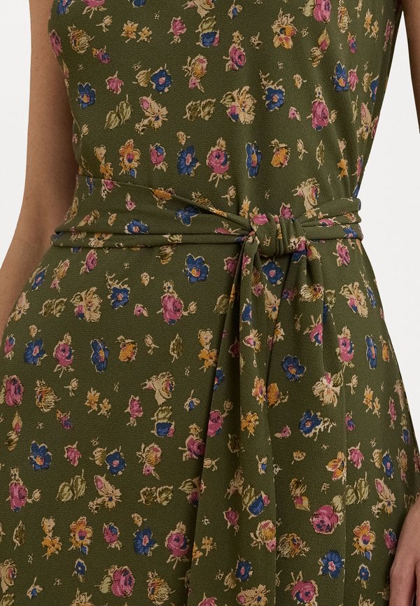 FLORAL BELTED CREPE SLEEVELESS DRESS - Day dress - olive2