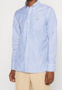 Overhemd met knopen, gemaakt van licht katoen, met blauw-witte verticale strepen, lange mouwen en een klein logo op de borst.