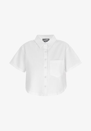 Chemise courte blanche à manches courtes avec boutons sur le devant, col pointu et poche poitrine côté gauche.