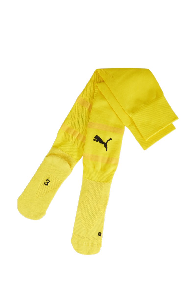 Gelbe Sportsocken mit hellgelben Streifen, featuring ein schwarzes Puma-Logo und die Größenbezeichnung 3 an der Sohle. Hergestellt aus atmungsaktivem Material.