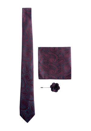 Dark purple necktie, matching pocket square, and flower lapel pin with paisley pattern on white background.