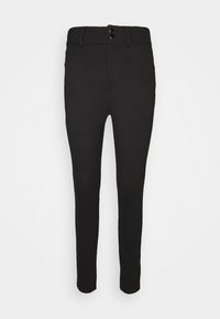 Svarta slim-fit byxor med en mjuk tygtextur, bältesöglor, knappstängning och två framfickor. Designen är enkel och funktionell.