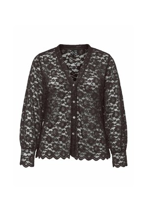 Črni čipkasti kardigan z V-izrezom, dolgimi rokavi in zapiranjem na gumbe. Z značilnim cvetličnim vzorcem z valovitimi robovi in prozorno teksturo.