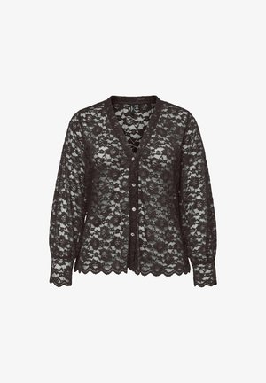 Melna mežģīņu kardigans ar V veida kakla izgriezumu, garām piedurknēm un pogu aizdari. Tam ir ziedu raksts ar viļņotām malām un caurspīdīgu tekstūru.