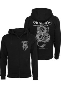 Black zip-up hoodie made of cotton, featuring a silver dragon graphic on the back and a small dragon design on the front left.