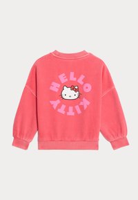 Sudadera de algodón color coral con mangas largas, puños acanalados y cuello redondo. Presenta un gráfico de "HELLO KITTY" con una ilustración del personaje en la parte posterior.