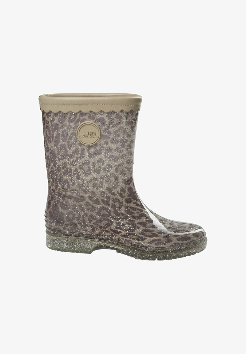 Kort brun glitrende gummistøvle med leopardprint, bølget kant og cirkulært Sofie Schnoor-logo på siden.