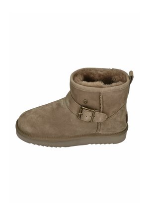 Tan suede ankle boots with a soft fur lining, a buckle strap detail on the side, and a textured rubber sole.