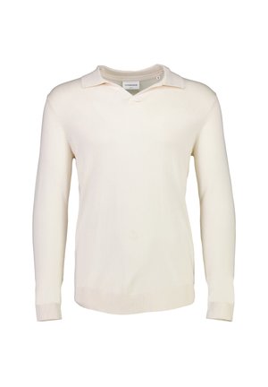 Licht beige pullover trui met lange mouwen, V-hals en kraag. Gemaakt van zacht materiaal, met ribgebreide manchetten en zoom. Minimalistisch ontwerp.