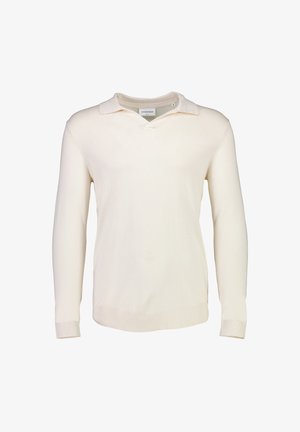 Maglione pullover beige chiaro con maniche lunghe, scollo a V e colletto. Realizzato in tessuto morbido, presenta polsini e orlo a coste. Design minimalista.