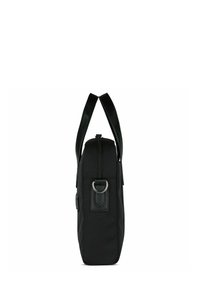 Borsa nera dal design elegante, caratterizzata da una superficie liscia, chiusura con zip superiore e un anello in metallo sul lato.