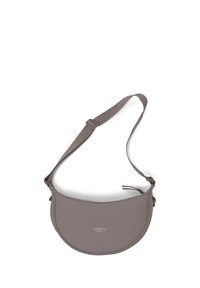 Sac bandoulière gris demi-lune avec sangle réglable et fermeture éclair, estampillé "Larkson Hamburg" sur le devant.