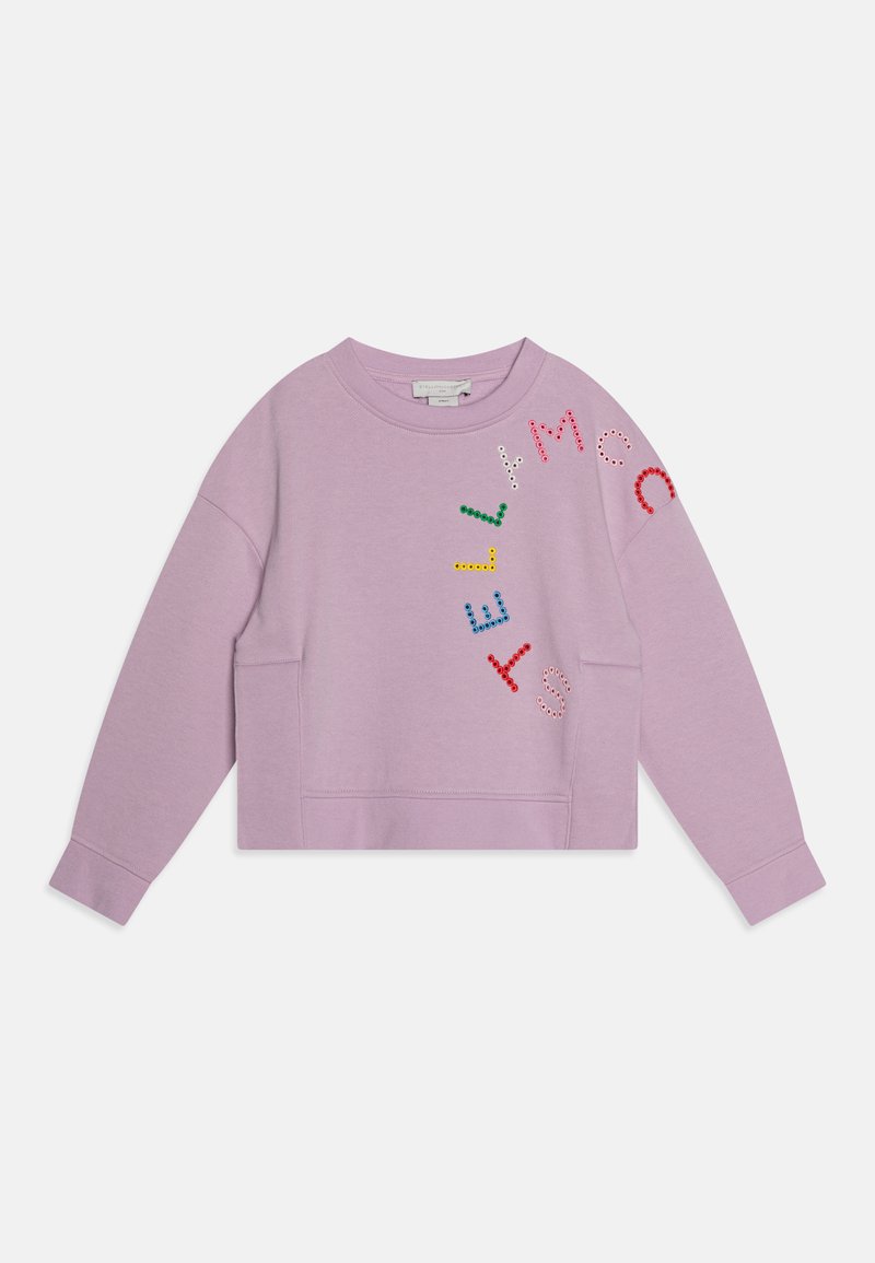 Felpa cropped lilla realizzata in morbido tessuto, con lettere decorative multicolori in strass lungo il lato sinistro.